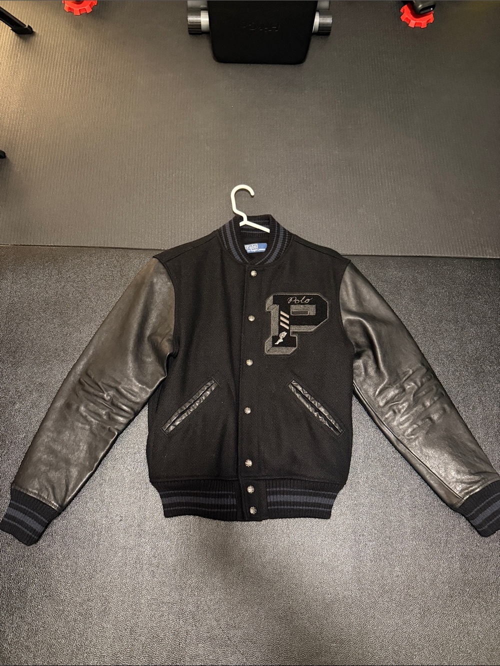 Polo by Ralph Lauren Black Wool and Leather Varsity Jacket with 'P' Patch